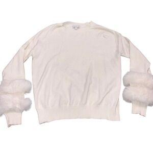 Faux Fur Cuff Crewneck Sweater Long Sleeve Women Medium White Birch NY